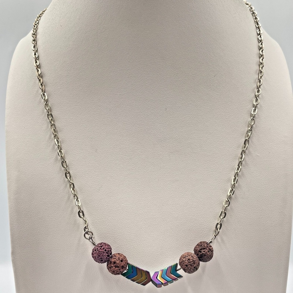 VTG Boho Rainbow Hematite Chevron & Lava Rock Silver Tone Link Chain Necklace